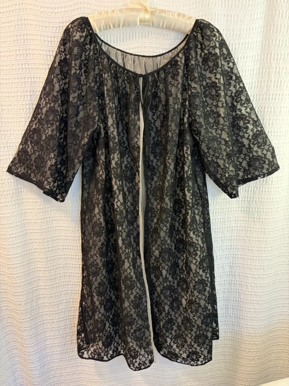 1960’s Vintage Black Sheer Lace Nightgown Robe Peignoir Open Back Lingerie